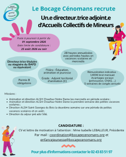 Le Bocage Cénomans recrute : Un.e directeur.trice adjoint.e d’Accueils Collectifs de Mineurs