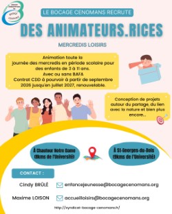 LE BOCAGE CÉNOMANS RECRUTE DES ANIMATEURS