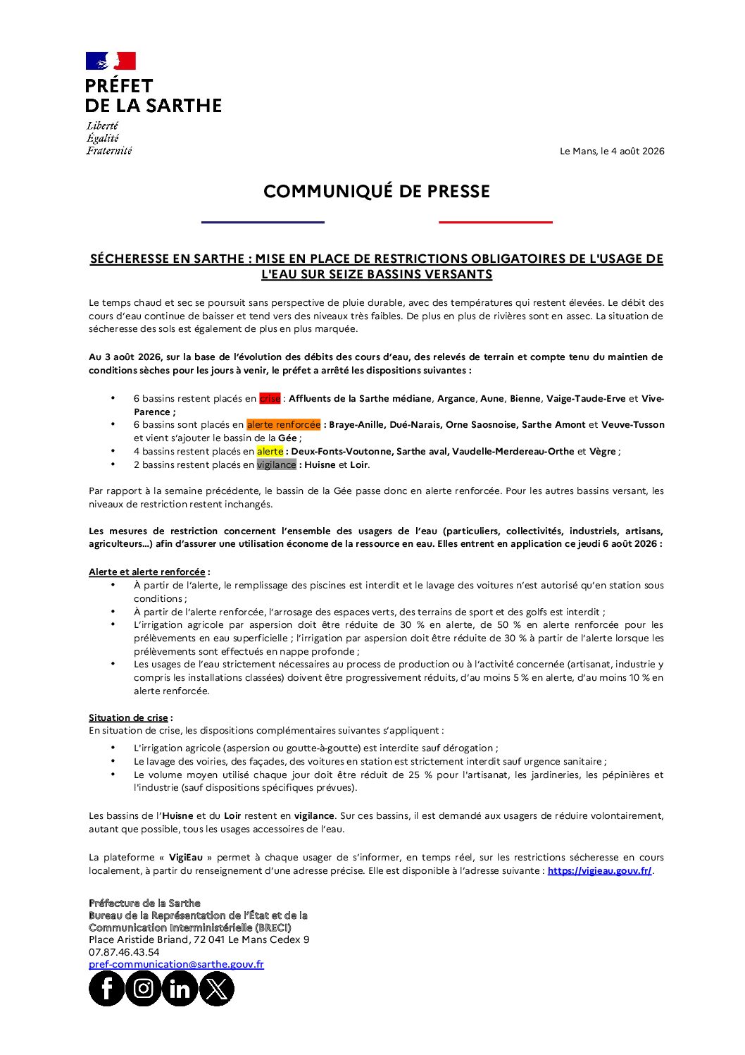 COMMUNIQUÉ DE PRESSE – SÉCHERESSE