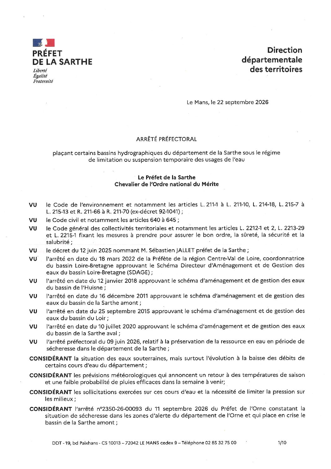 ARRÊTÉ PRÉFECTORAL “SÉCHERESSE”
